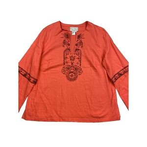 Diane Gilman Womens Shirt Blouse 2X Extra Large Orange Embroidered‎ Beds Boho